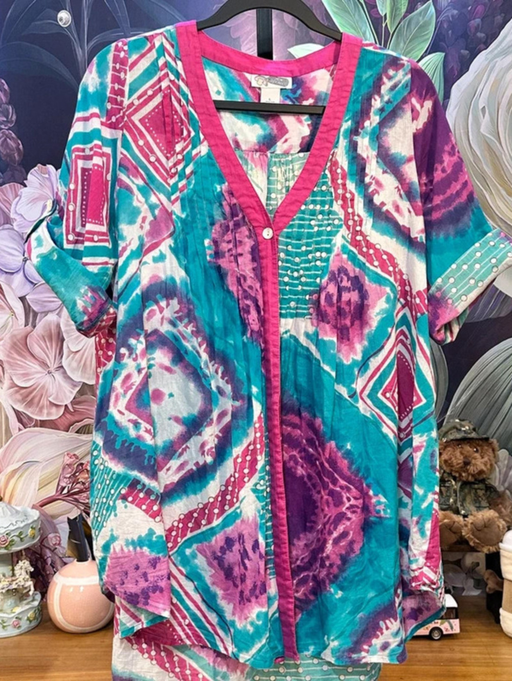 New Recruit L 100% Cotton Abstract Print Layering Tunic Boho Artsy Teal Pink